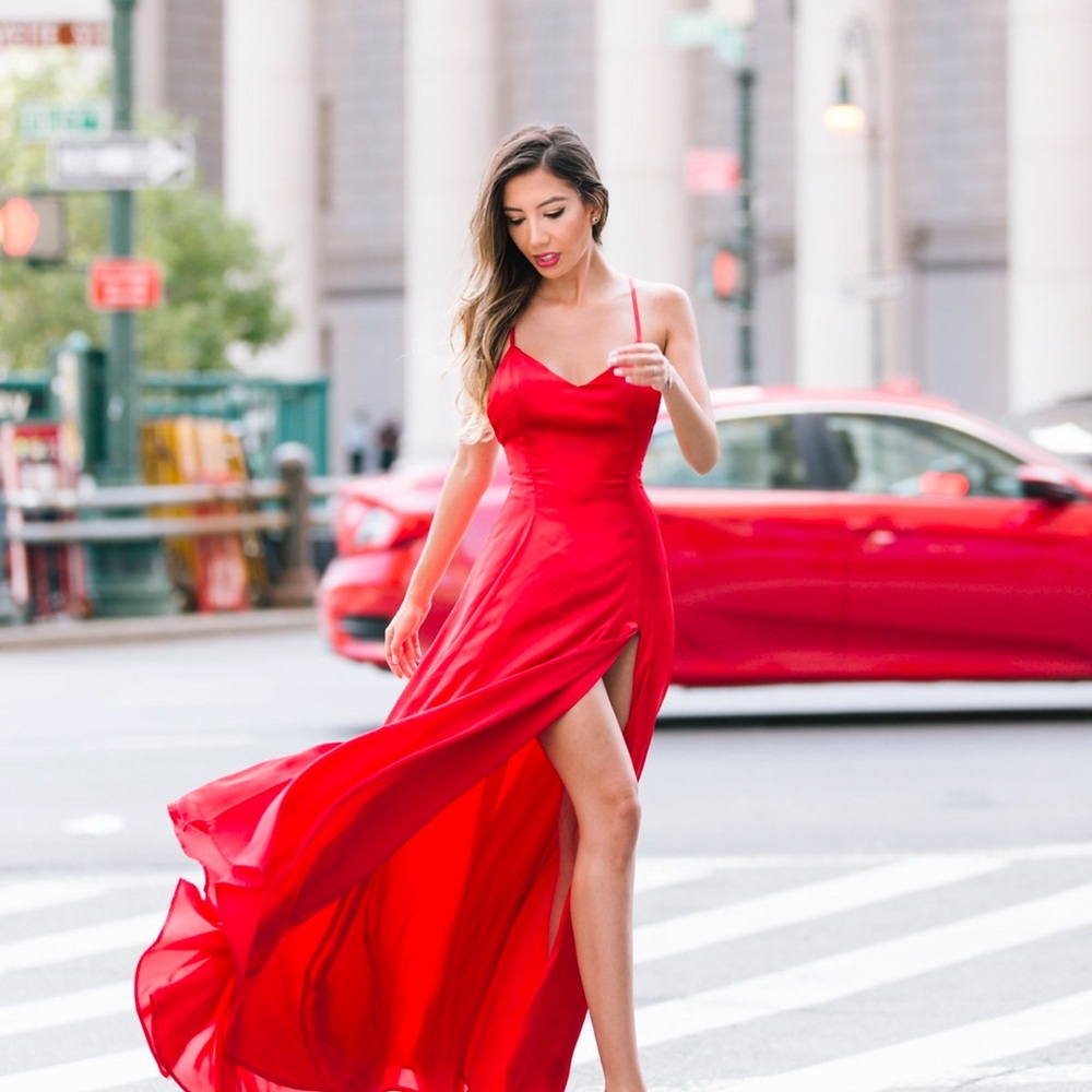 Elegant Red Evening Gown with a slit | Xs | custom made